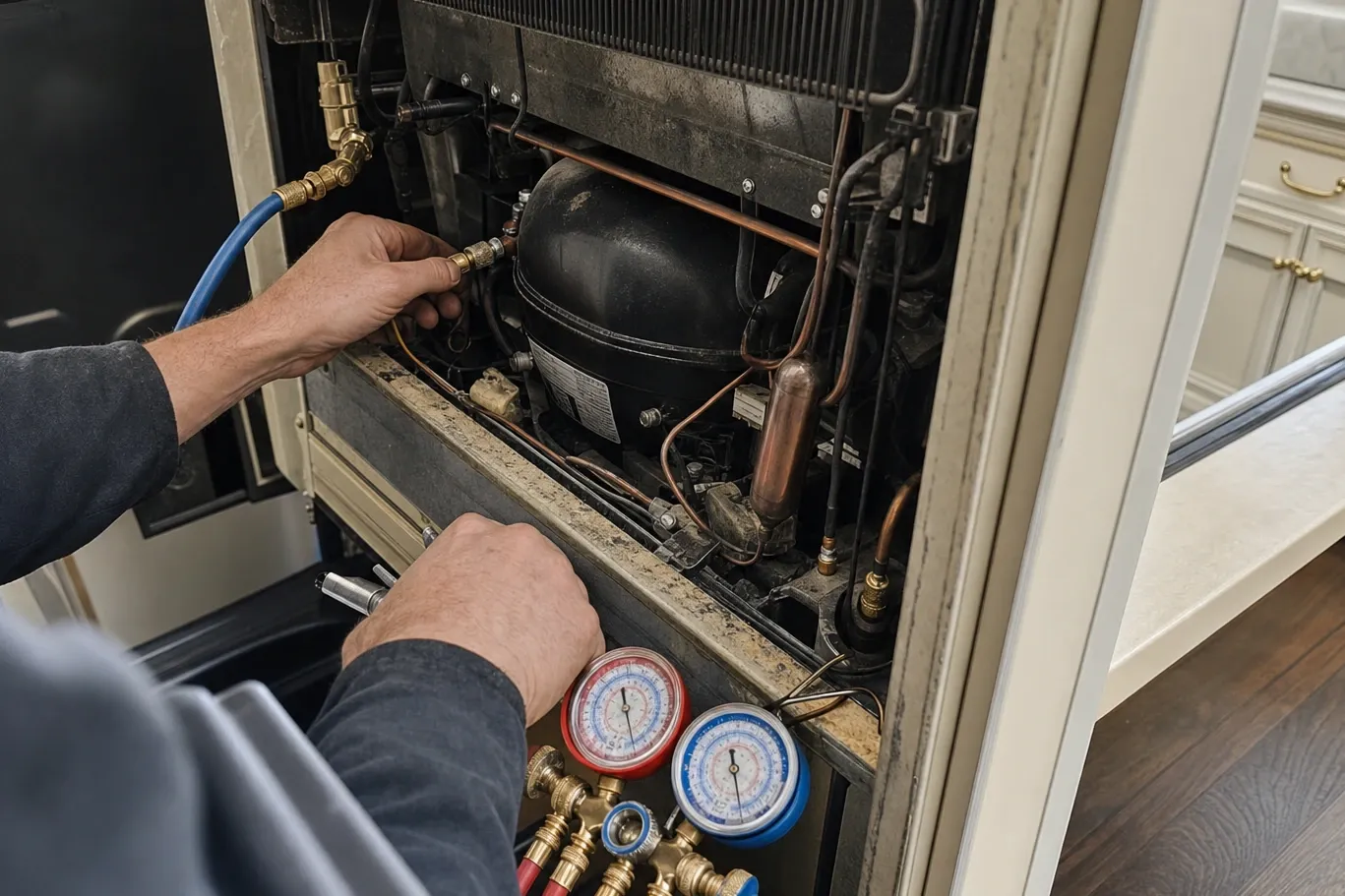 Looking down into the machine compartment of a refrigerator built into cabinetry, one hand at a brass fitting on the copper line and manifold gauges resting on the floor